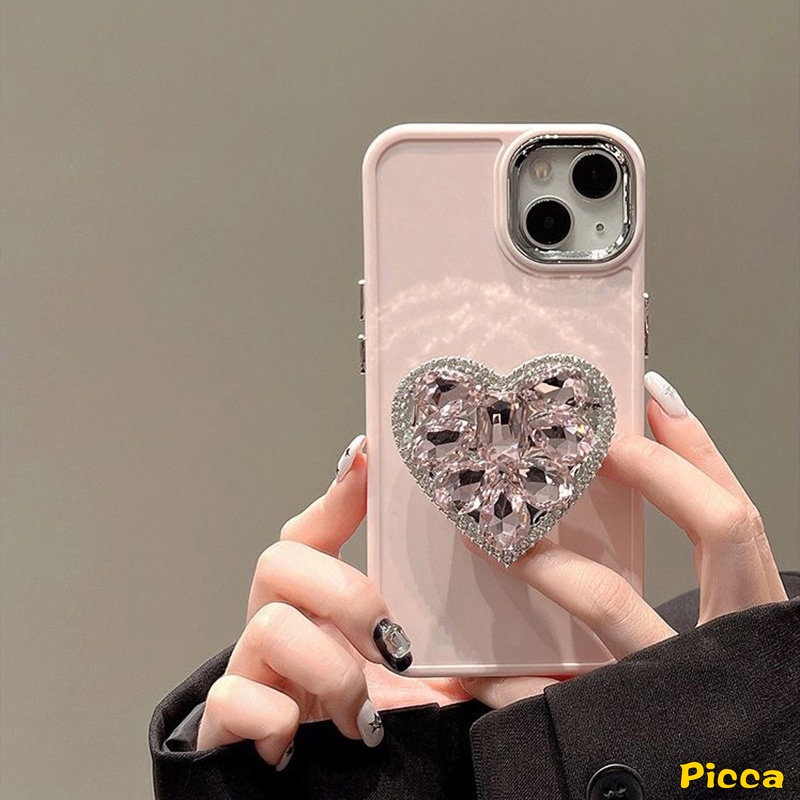 Casing Bracket Cinta Hati Berlian Berkilau Kompatibel Untuk IPhone XR 11 14 13 12 Pro MAX 7plus 78 Plus X XS MAX Mewah Plating Bingkai Lensa Logam Shockproof Silicone Soft Cover