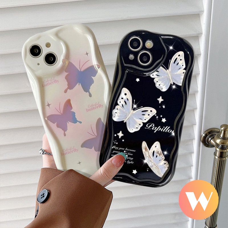 Casing Ponsel 3D Wavy Curved Edge Kompatibel Untuk IPhone 13 12 14 11 Pro MAX 6S 7 6 8 Plus Se2020 7Plus XR XS X MAX INS Korea Glitter Fantasy Retro Lucu Indah Butterfly Case