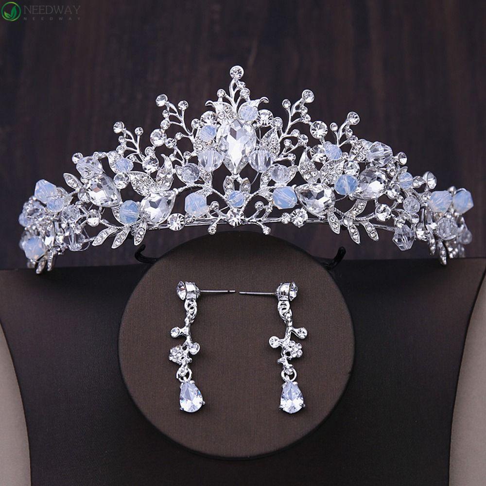 NEEDWAY Needway Set Perhiasan Pernikahan Pengantin Elegan Bergaya Shiny Bunga Menjuntai Anting Perhiasan Fashion Berlian Imitasi Kristal Mahkota