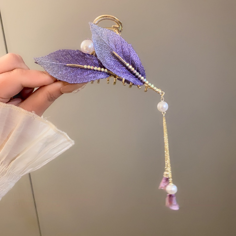 Alloy Embroidered Leaves Hair Clip Pearl Rhinestone Tassel Hairpin Ponytail Clip Woman Hair Accessories