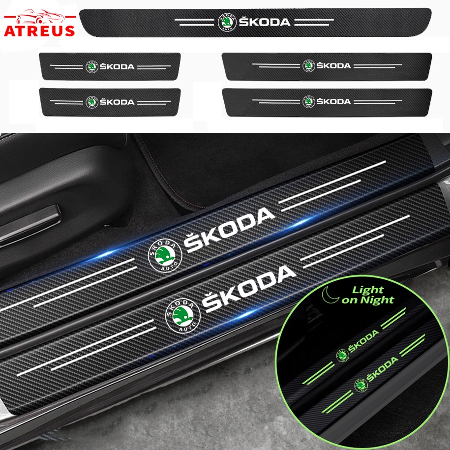 Luminous Stiker Pelindung Pintu Mobil Skoda Anti Gores Threshold Strips Mobil Stiker Untuk Skoda Rapid Kodiaq Octavia 2 3 Fabia Karoq Superb