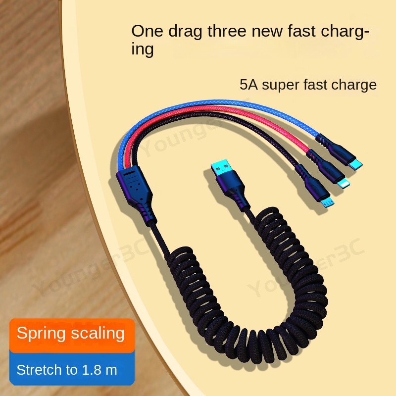 3 In 1 Kabel Pengisian Cepat Musim Semi Kabel Data USB 5A Kabel Aksesori Mobil Telepon Kabel Pengisian Daya Untuk ios Typc C Micro