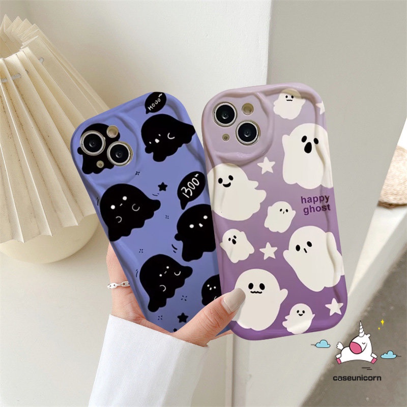 Kartun Doodle Hantu Kecil Case Untuk Realme C53 C33 C35 C11 9i 5s 6i 5i 5c55 C31 C30 C25s C25 C15 C21 C20 C20A C25Y C3 C21Y C12 C1 C17 C2 3D Bergelombang Tepi Lengkung Pasangan Soft Cover