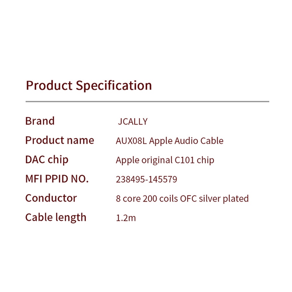 Jcally AUX08L C101 Chip 8cores 200 Coil OFC Silver Plated MiFi Lighting Ke Kabel Audio 3.5mm Untuk IOS