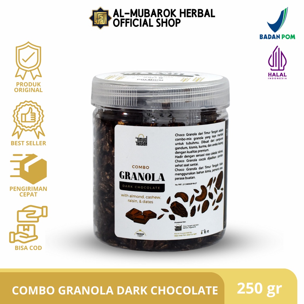 

Combo Granola Toples Dark Chocolate Premium 250 gram Timur Tengah Garnola Sereal Makanan Sehat High Quality Cemilan Diet Sarapan Sehat Oat Gandum Utuh Kismis Kurma Almond Mede Mete Rasa Coklat 250g