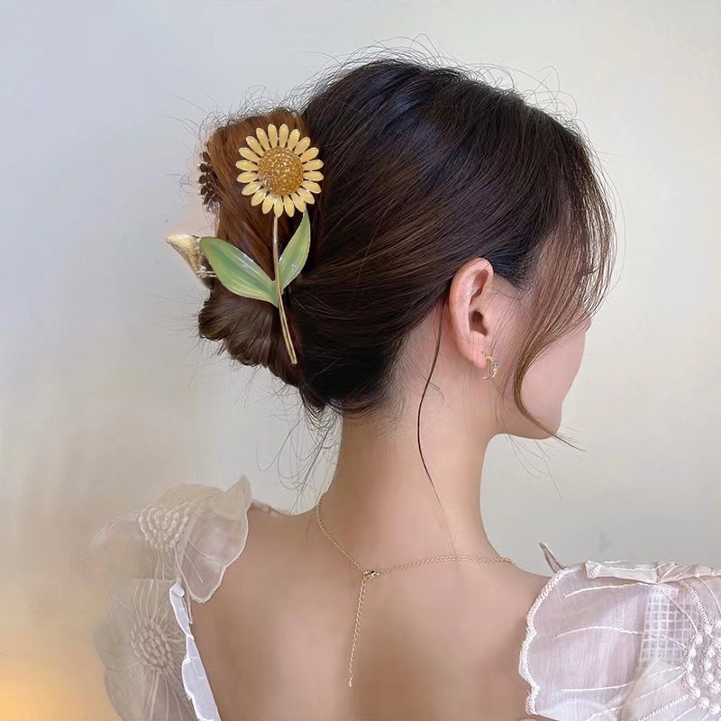 Elegan Besar Fashion Manis Drop Minyak Rambut Cakar Pesta Rambut Korea INS Gaya Populer Berlian Imitasi Mengkilap Bunga Matahari Rambut Klip Halus Ponytail Holder Besar Hiu Klip Hiasan Kepala