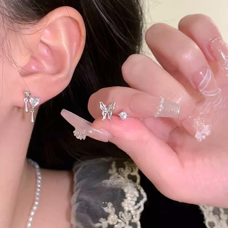 6pcs /Set Fashion Alloy Untuk Wanita INS Gaya Pesta Tindik Untuk Telinga Punk Y2K Berlian Imitasi Elegan Hati Liontin Anting Aksesoris Perhiasan Warna Silver Butterfly Stud Earrings