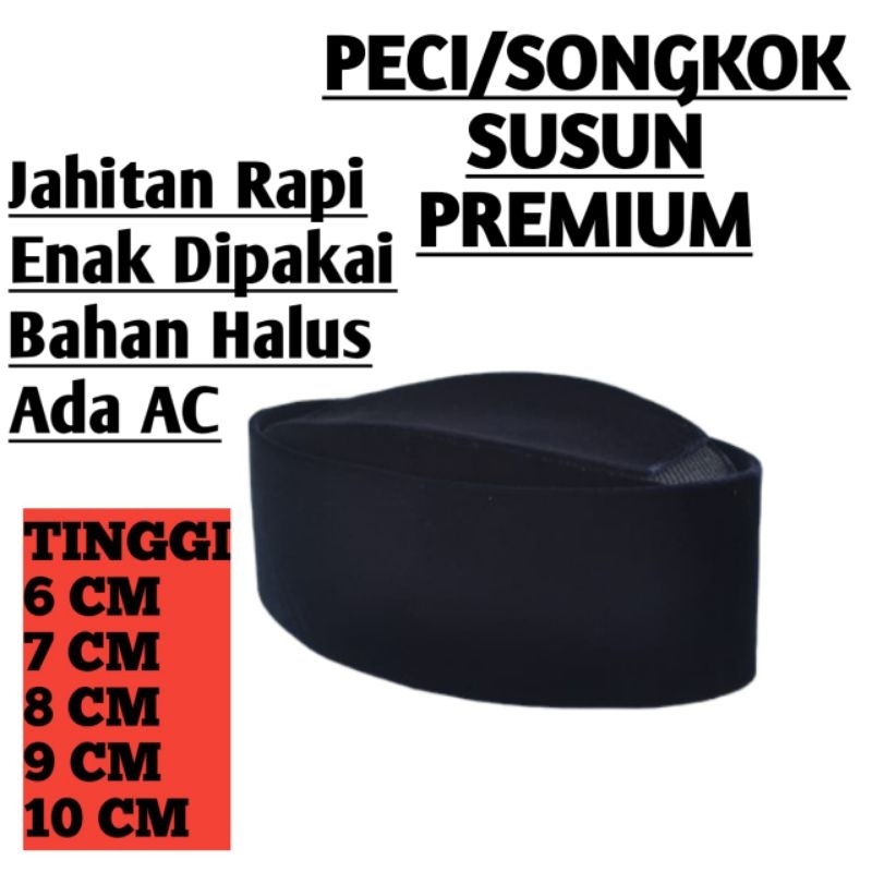 songkok susun hitam peci susun hitam, Kopyah hitam kopiah susun Tinggi 6 cm, 7 cm, 8 cm, 9 cm , 10 c