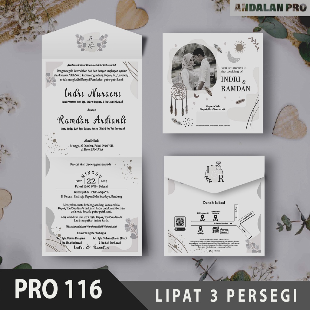 50 Desain Undangan Pernikahan Lipat 3 Persegi, Grayscale / Hitam Putih, Jasmine White
