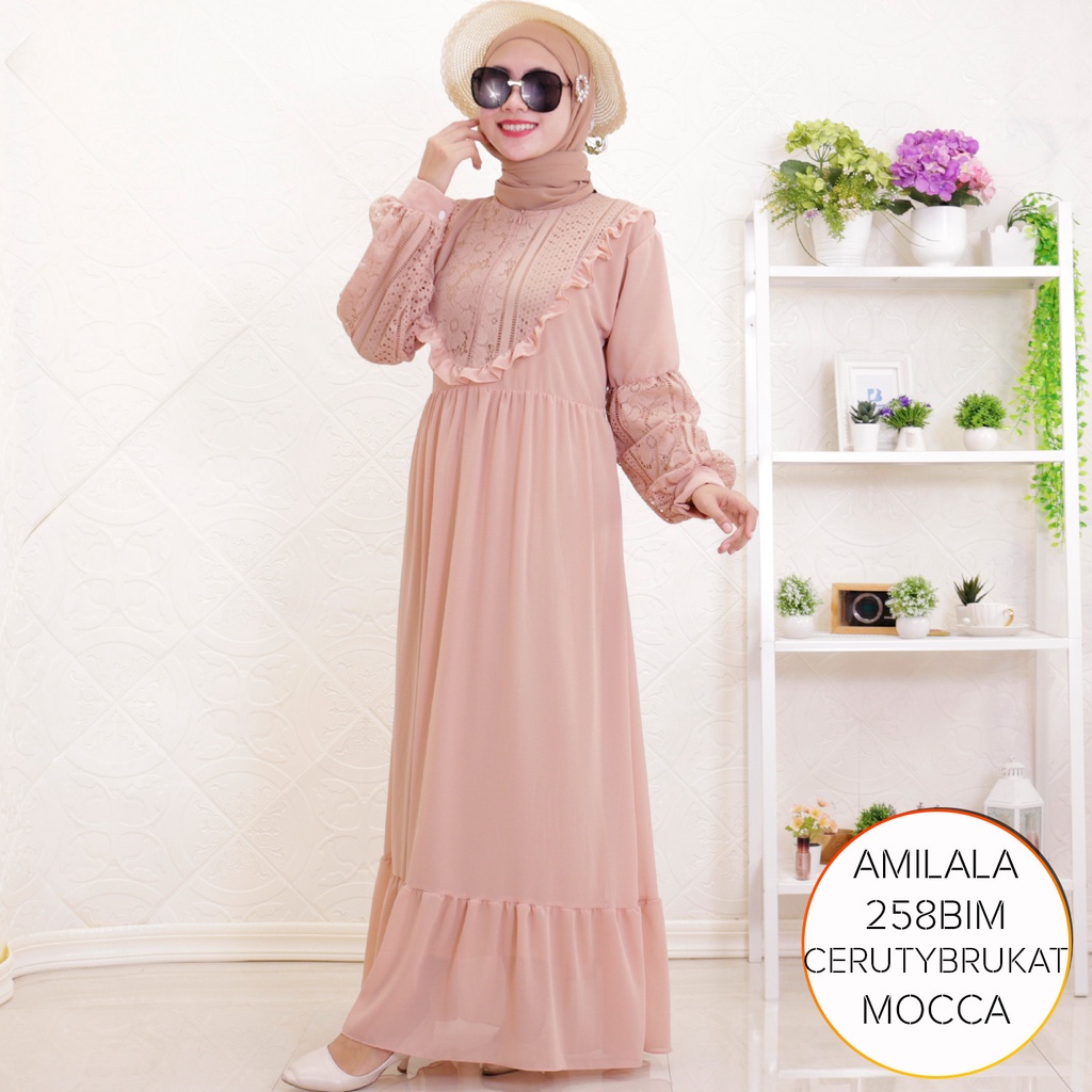 Gamis Busui Ceruty Brukat Ruffel Depan Lengan Balon Amilala D  2