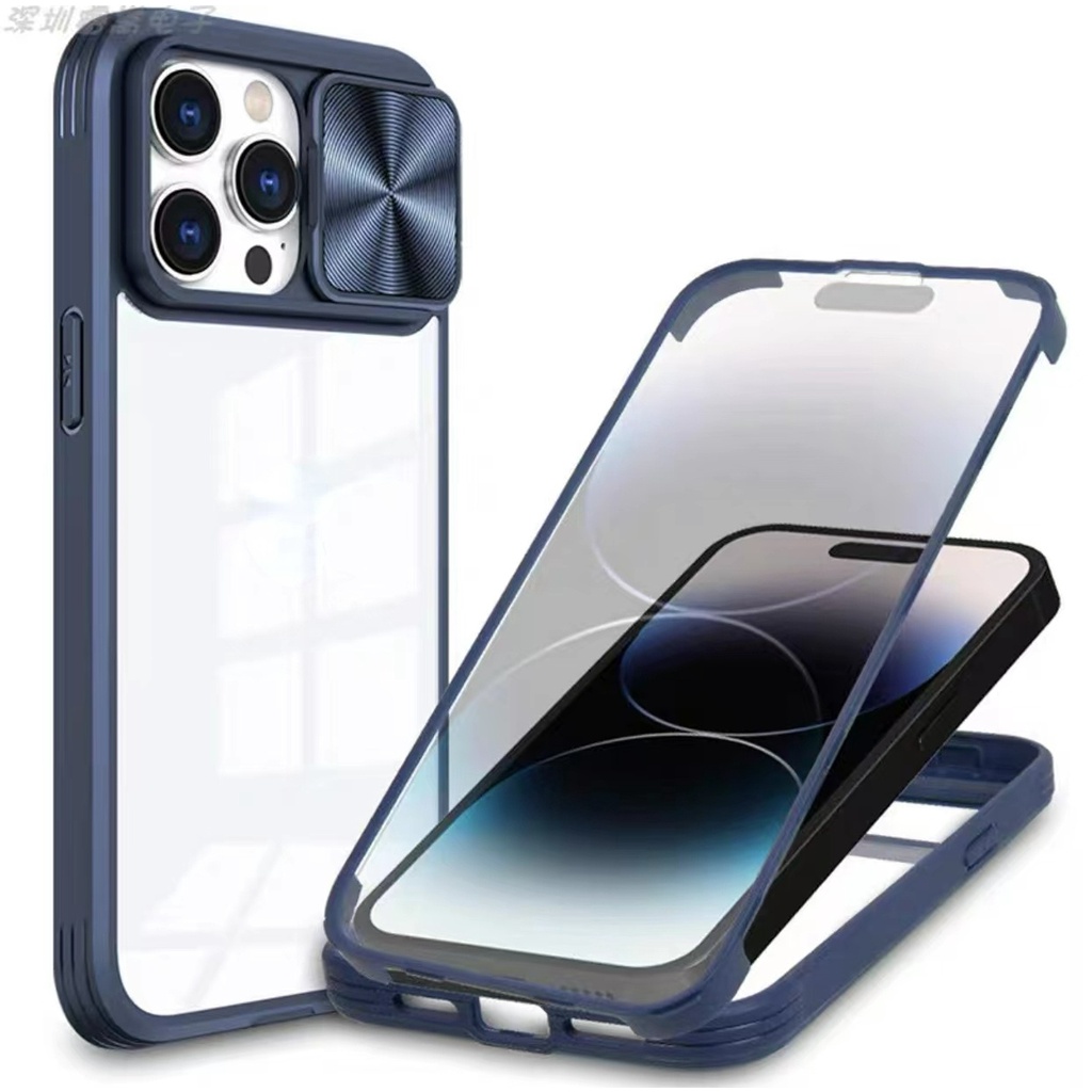 IPHONE Case Pelindung Definisi Tinggi Cocok Untuk Iphone14 13 Pro Max 14plus Cakupan Penuh, case Lensa Jendela Geser Warna Campur Dua Sisi PC+TPU Cover