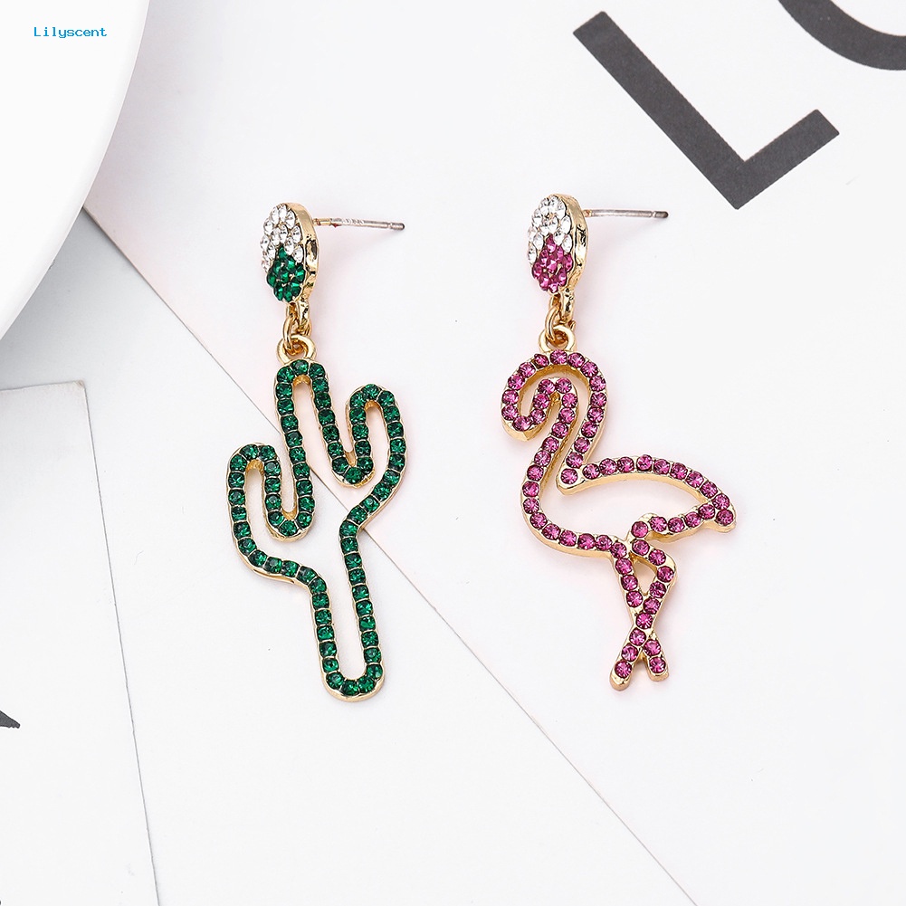 Lilyscent Wanita Berongga Berlian Imitasi Kaktus Flamingo Menjuntai Asimetris Stud Earrings Perhiasan