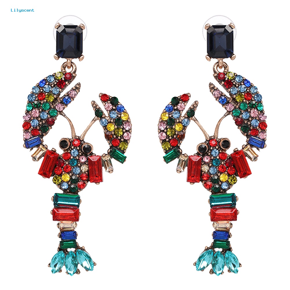 Lilyscent Kreatif Wanita Bling Berlian Imitasi Hias Lobster Pendant Statement Stud Earrings