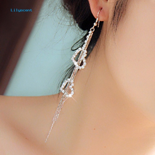 Lilyscent Lady Berlian Imitasi Cinta Ganda Jantung Drop Panjang Jumbai Rantai Menjuntai Linear Earrings