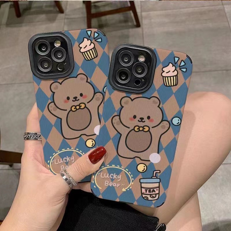 [Kulit Domba] Soft Case Kulit Untuk IPhone 6S 7plus 8plus X XS XR XS Max 11 13 12 14 PRO Max 14 Plus 12 13 Mini Ins Fashion Lucu Belah Ketupat Beruang