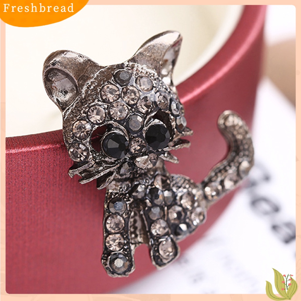 < Freshbread > Lucu Mini Wanita Bentuk Kucing Berlian Imitasi Bros Pin Up Perhiasan Setelan Klip Aksesori