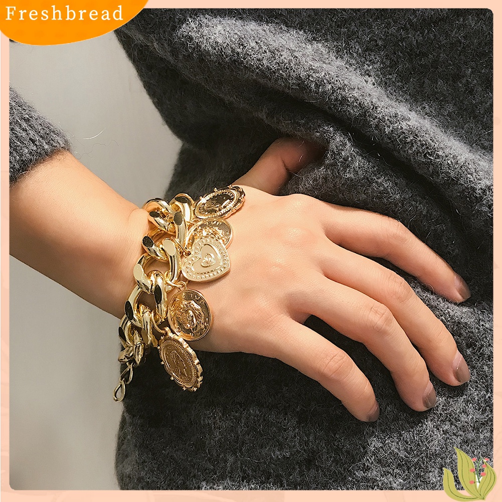 &lt; Freshbread &gt; Hip-Hop Wanita Timbul Cinta Hati Menjuntai Liontin Rantai Gelang Bangle