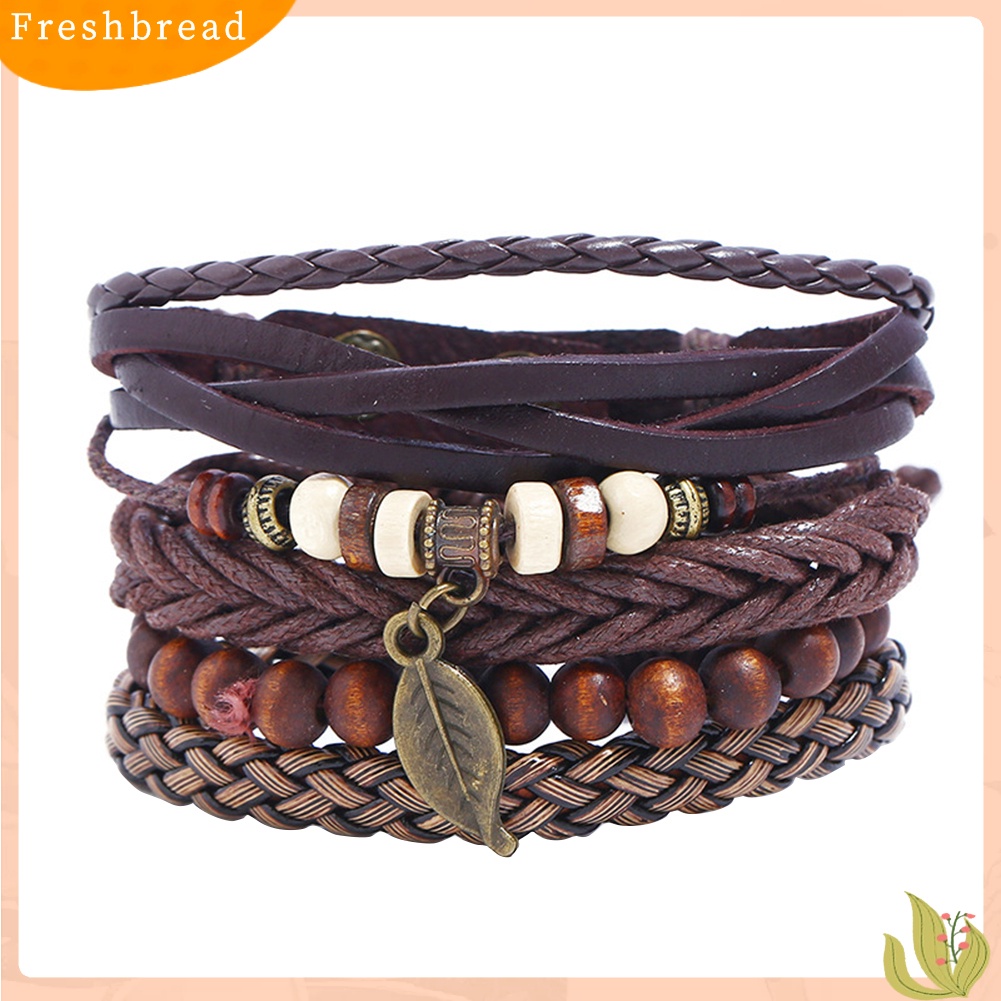 &lt; Freshbread &gt; 4Pcs/Set Pria Kulit Imitasi Daun Liontin Multi-layer Braided Bracelet Wristband