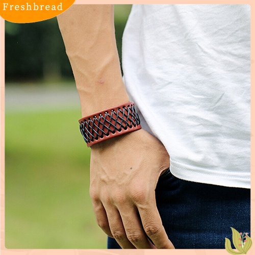 &lt; Freshbread &gt; Pria Wanita Gaya Punk Kepang Lebar Kulit Bangle Retro Gelang Cuff Bracelet