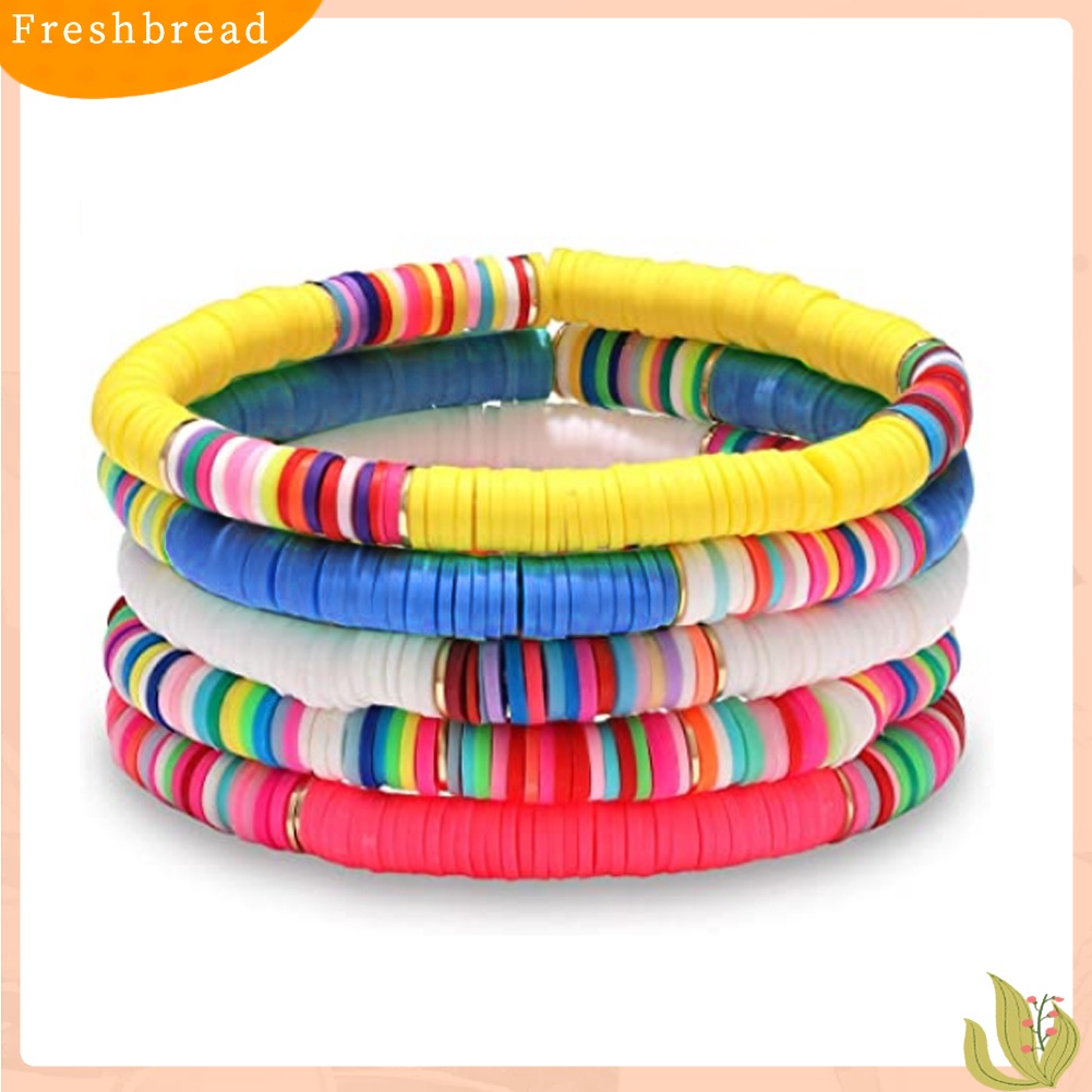 &lt; Freshbread &gt; 5/7Pcs Wanita Boho Rainbow Polymer Clay String Beads Gelang Gelang Bangle