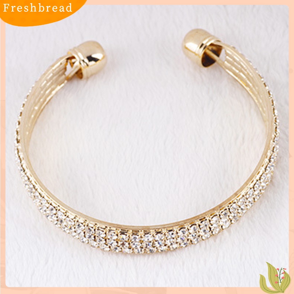 &lt; Freshbread &gt; 3baris Berlian Imitasi Mengkilap Pernikahan Pengantin Gelang Ujung Terbuka Bangle Lady Jewelry