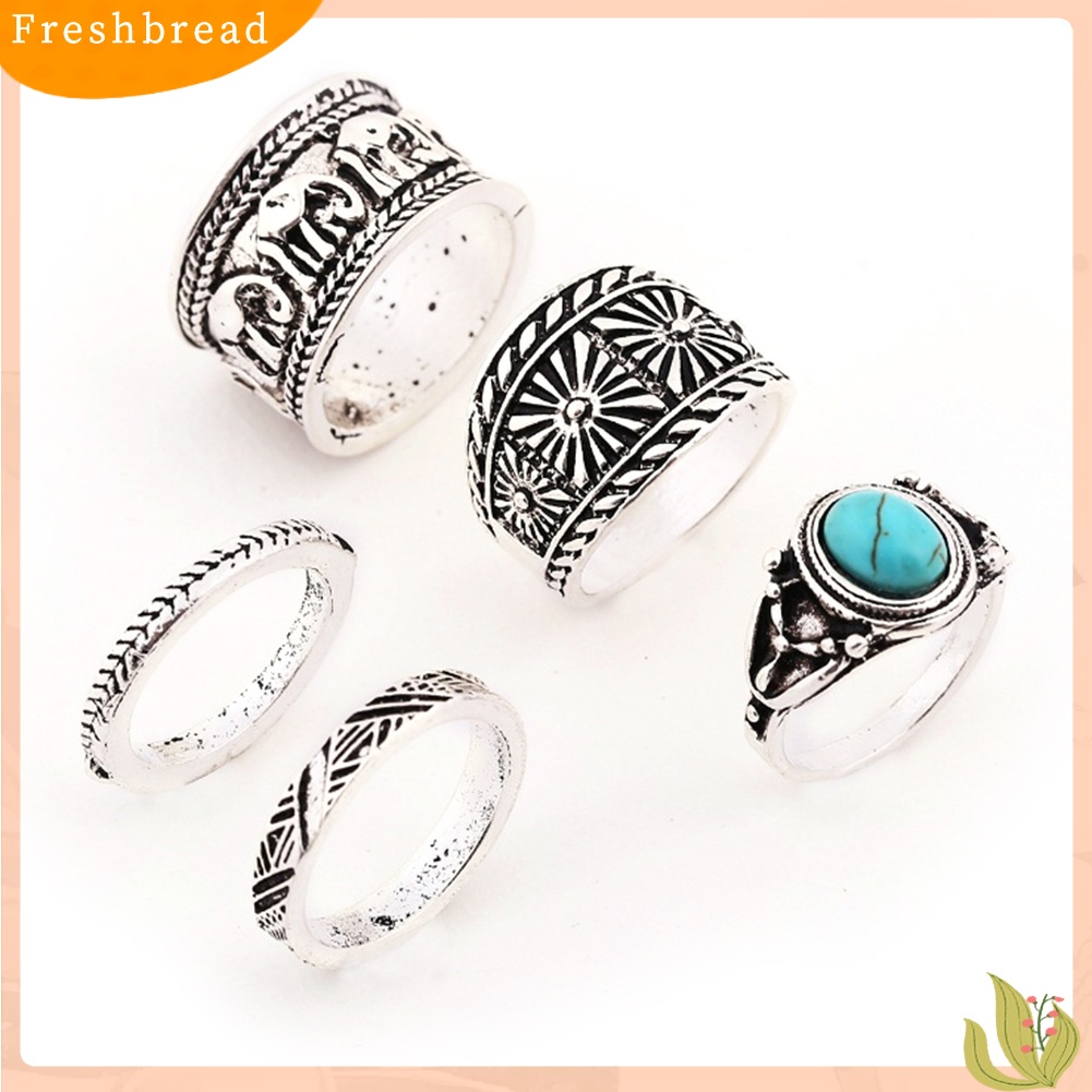 &lt; Freshbread &gt; 5Pcs/Set Wanita Gajah Turquoise Knuckle Ring Ukir Vintage Stacking Rings