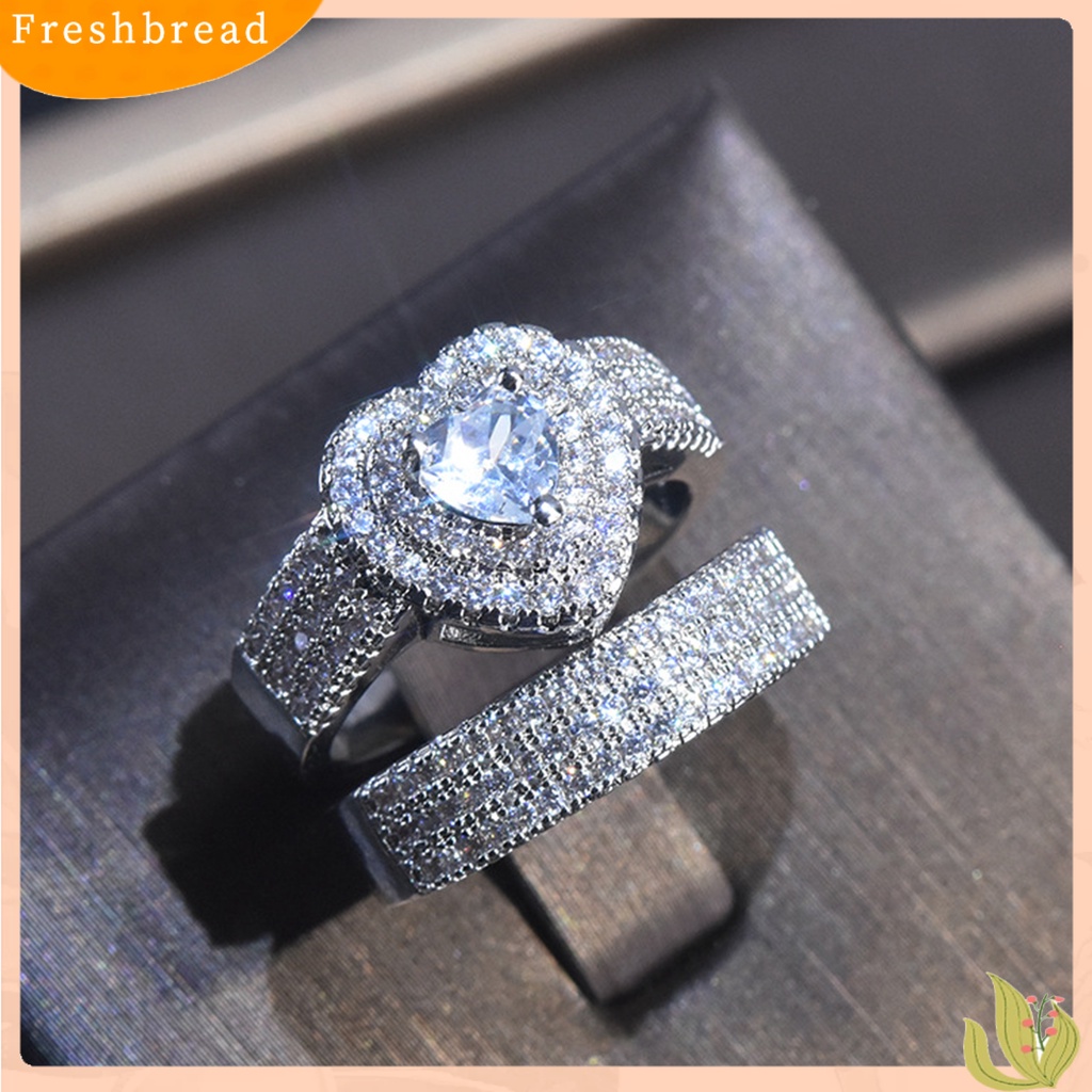 &lt; Freshbread &gt; 2Pcs/Set Cincin Pengantin Berlian Imitasi Mengkilap Mewah Geometris Indah Perhiasan Hadiah Menawan Kekasih Bentuk Hati Janji Cincin Perhiasan Aksesori