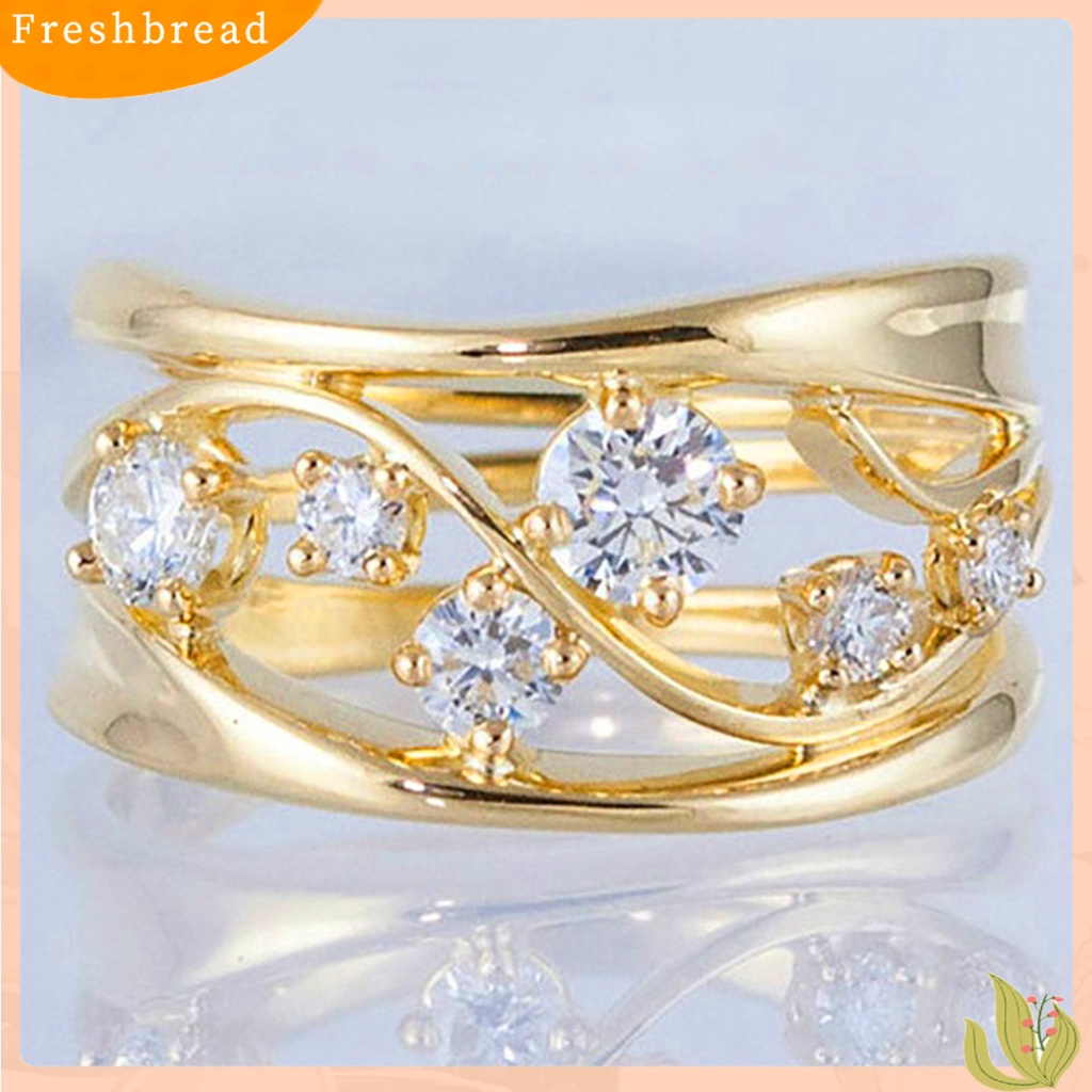 &lt; Freshbread &gt; Wanita Logam Zirkon Bertatahkan Cincin Elegan Geometris Bentuk Gelombang Circlet Perhiasan Hadiah