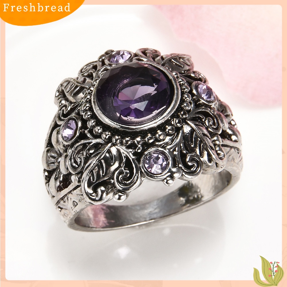 &lt; Freshbread &gt; Vintage Bulat Faux Amethyst Hias Ukir Bunga Wanita Jari Cincin Perhiasan Hadiah