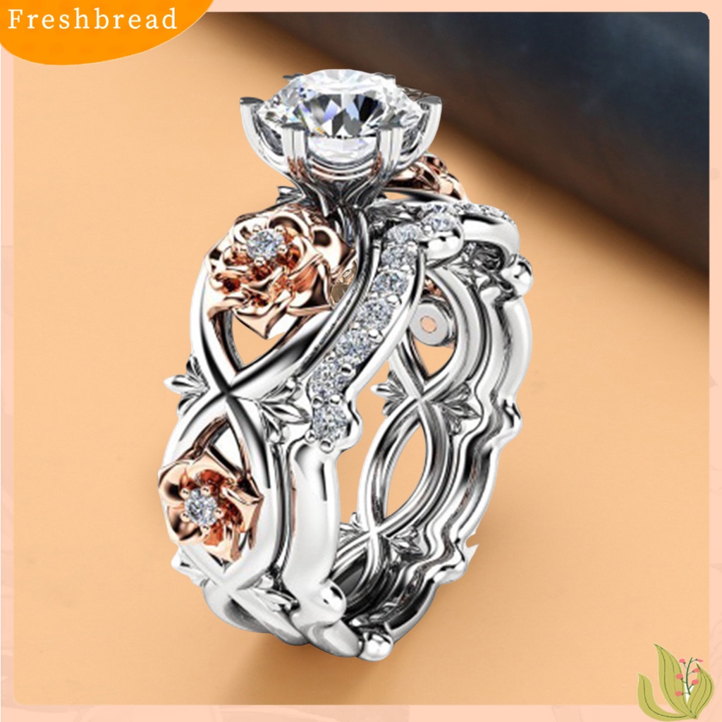 &lt; Freshbread &gt; 2Pcs Cincin Wanita Desain Bunga Dapat Disesuaikan Berlapis Emas Geometris Berkilau Dua Warna Cubic Zirconia Hias Pernikahan Pertunangan Rings Perhiasan Hadiah Untuk Pacar