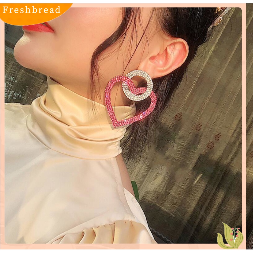 &lt; Freshbread &gt; Wanita Berlian Imitasi Hias Hati Bulat Menjuntai Telinga Stud Anting Pesta Perhiasan Hadiah