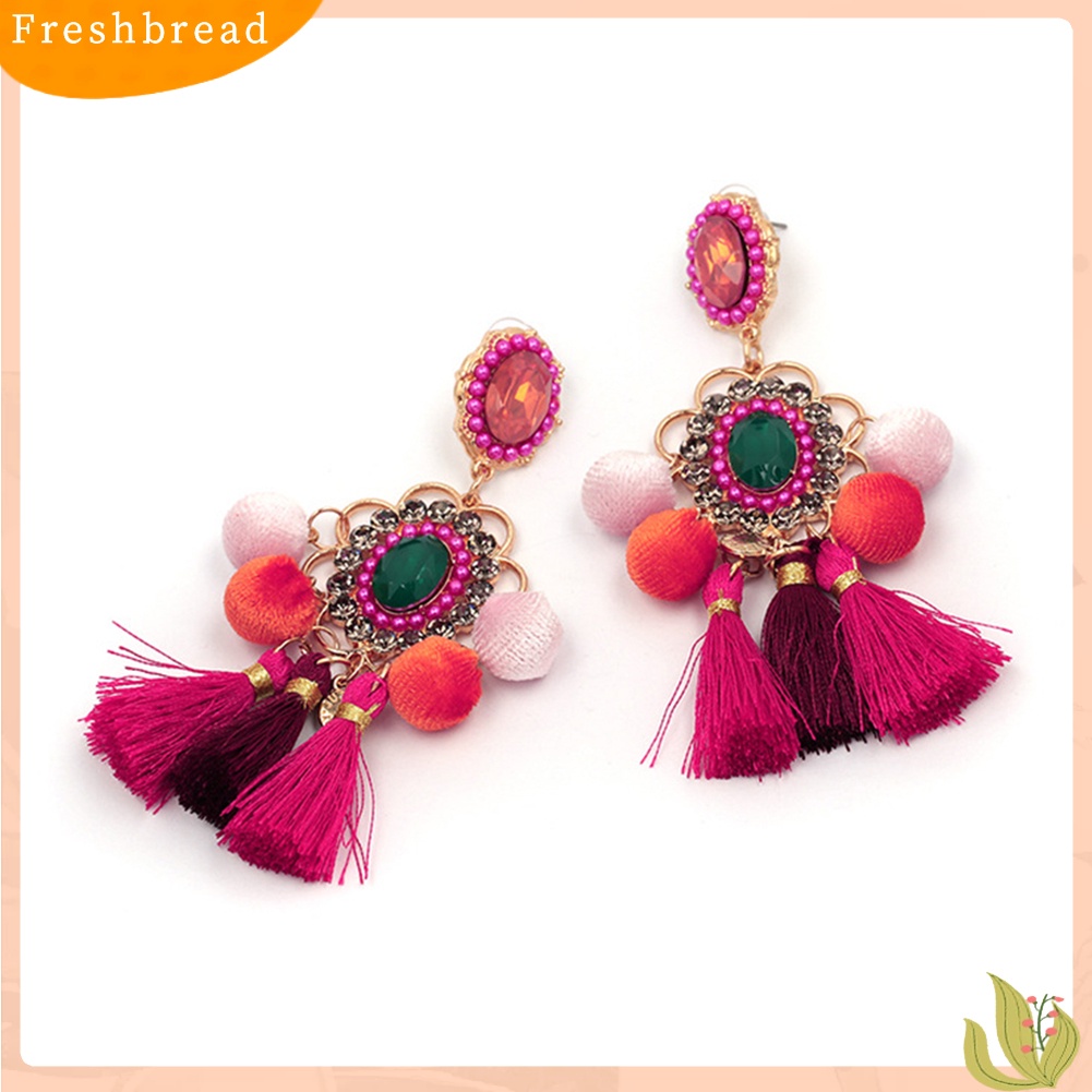 &lt; Freshbread &gt; Wanita Berlian Imitasi Bunga Pompom Rumbai Menjuntai Ear Stud Earrings Statement Jewelry