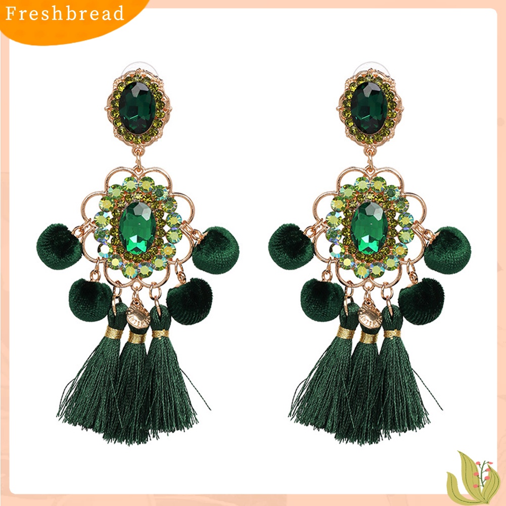 &lt; Freshbread &gt; Wanita Berlian Imitasi Bunga Pompom Rumbai Menjuntai Ear Stud Earrings Statement Jewelry