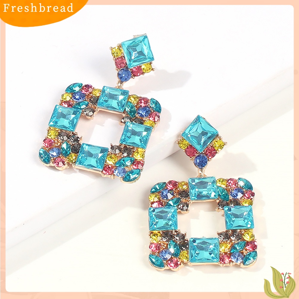 &lt; Freshbread &gt; Wanita Geometris Persegi Multicolor Berlian Imitasi Eardrop Statement Stud Earrings Hadiah