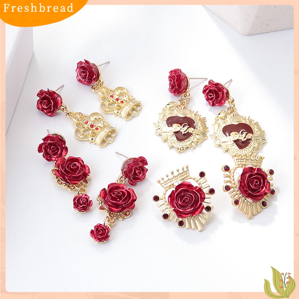 &lt; Freshbread &gt; 1pasang Retro Ear Stud Berlian Imitasi Alloy Rose Design Drop Earrings Aksesoris Telinga