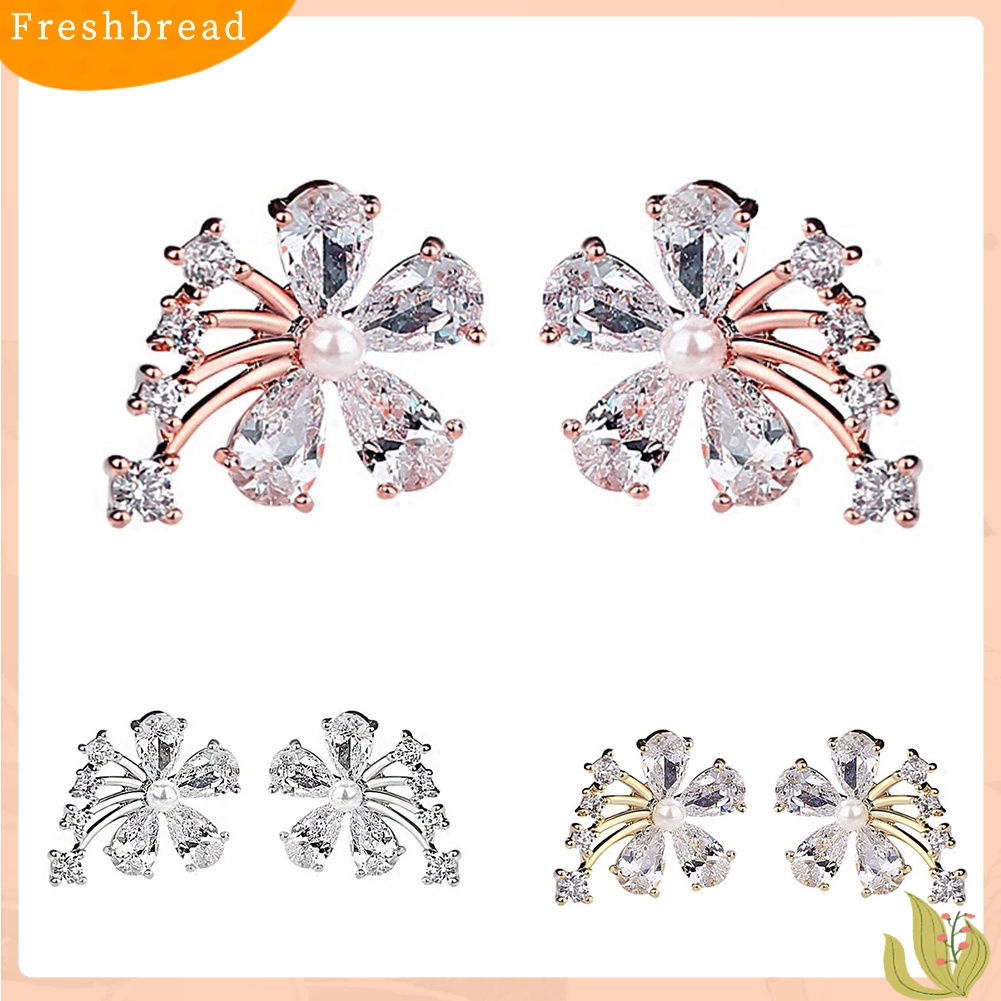 &lt; Freshbread &gt; Wanita Cubic Zirconia Mutiara Imitasi Hias Bunga Telinga Stud Anting Perhiasan Hadiah