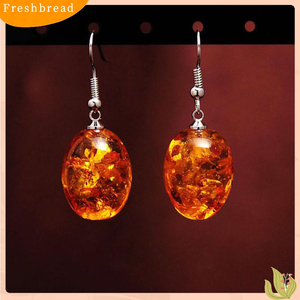 &lt; Freshbread &gt; Vintage Oval Berbentuk Imitasi Amber Menjuntai Kait Anting Wanita Tindik Perhiasan Hadiah