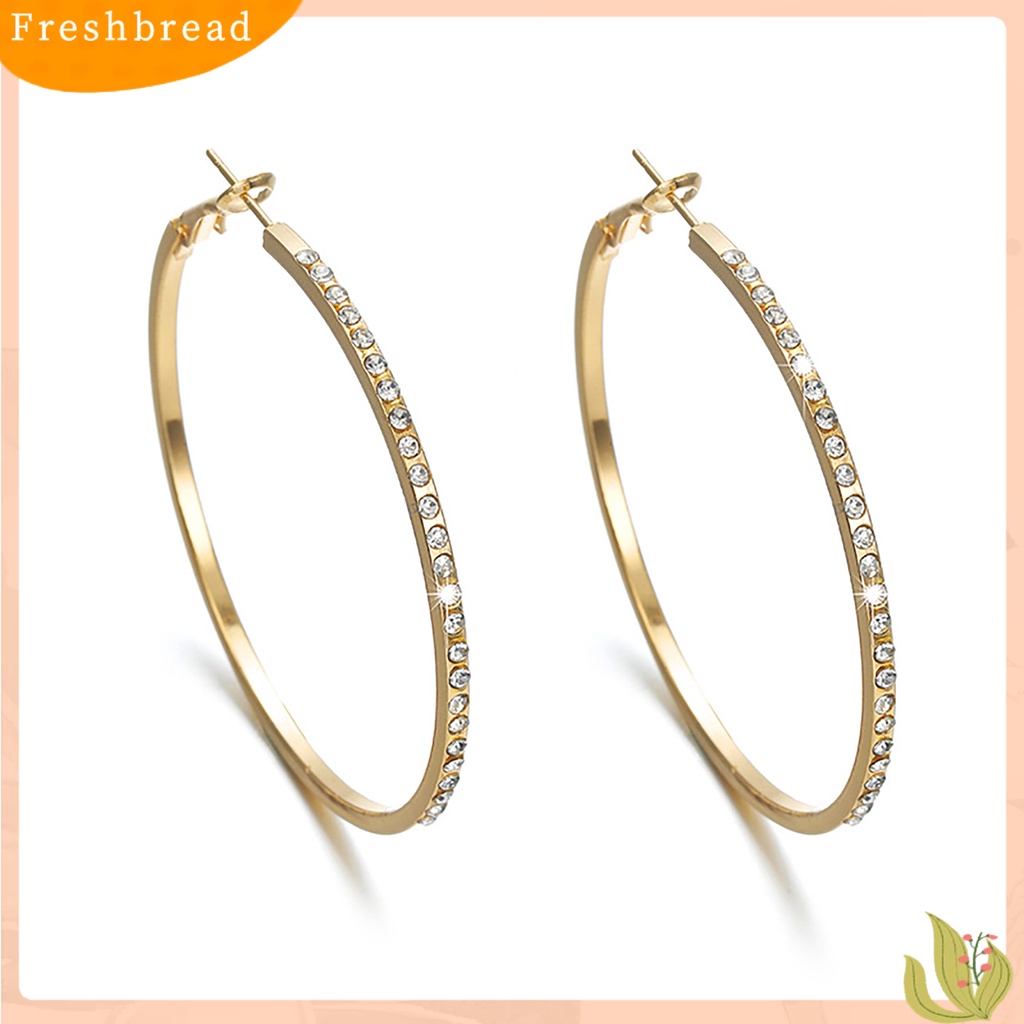 < Freshbread > Anting Hoop Sentuhan Baik Pengerjaan Indah Berlian Imitasi Dekorasi Lingkaran Besar Loop Wanita Earrings Untuk Tanggal