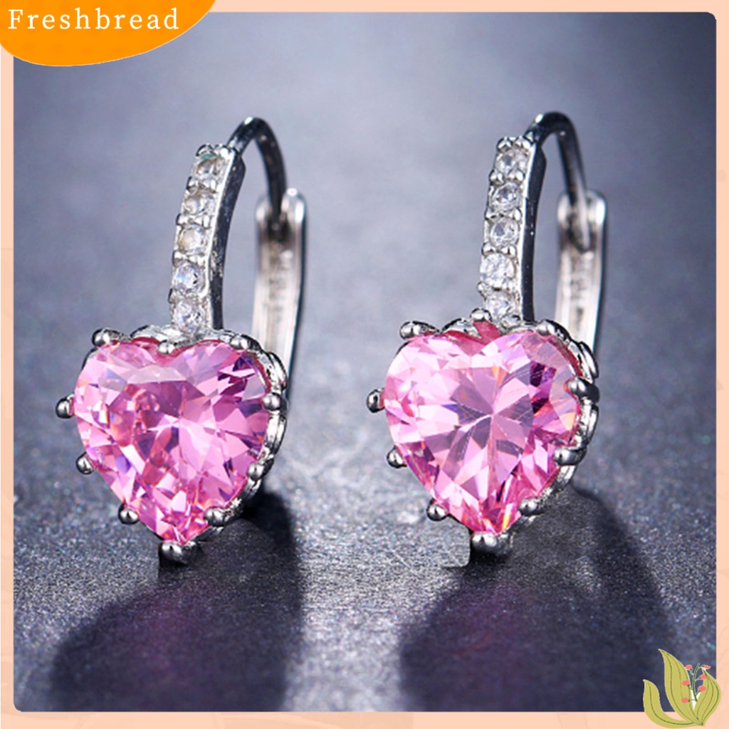 &lt; Freshbread &gt; 1pasang Anting Bulat Tembaga Romantis Mewah Berbentuk Hati Cubic Zirconia Hoop Earrings Perhiasan Pesta