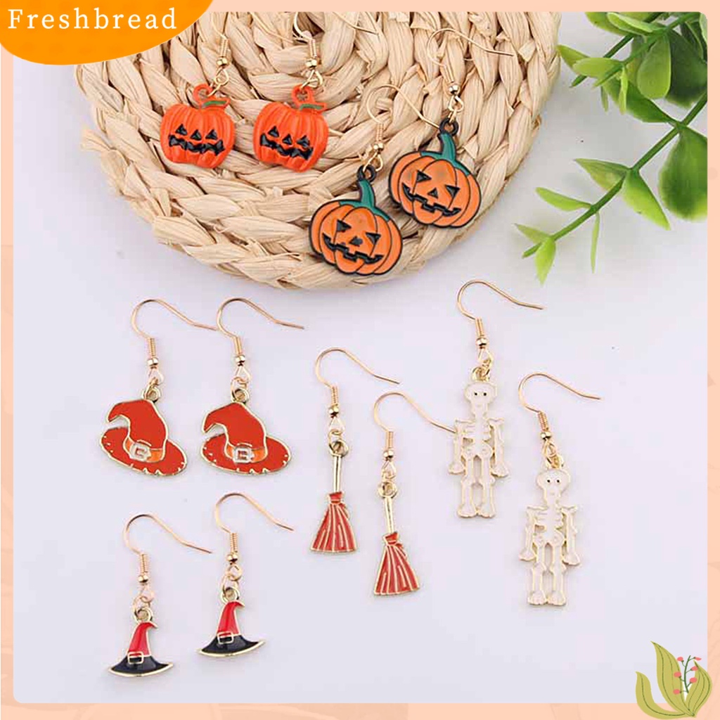 &lt; Freshbread &gt; 1pasang Hantu Lucu Halloween Anting Paduan Topi Labu Sapu Drop Hook Anting Perhiasan Pesta