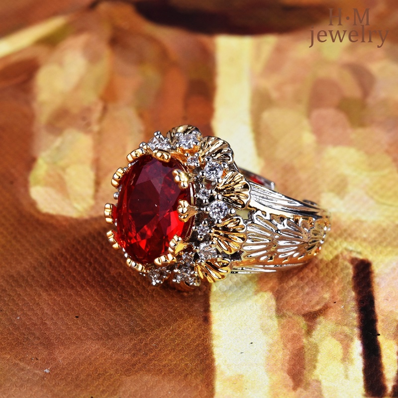 S925 Perak Vintage Brushed Bertekstur Ukir Emas Ruby Cincin Gaya Antik Two-Tone Gold Crowns Ornament