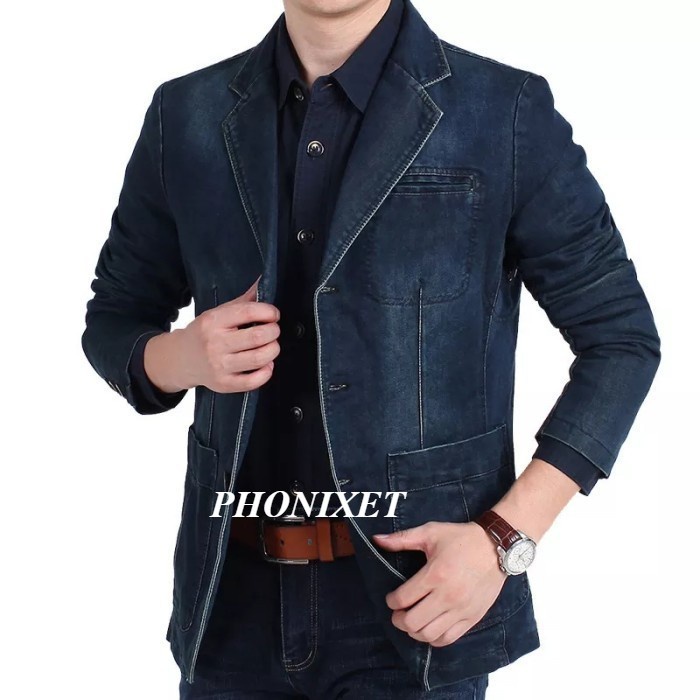 TERBARU Jas Blazer Pria Terbaru/Bahan Levis tebal kasual cocok untuk nongkrong - Hitam, S