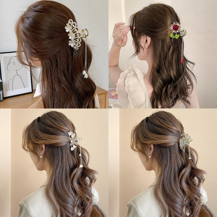 Korea Alloy Kupu-Kupu Mutiara Berlian Imitasi Jepit Rambut Hair Claw Kristal Rumbai Bunga Hair Clip Woman Aksesoris Rambut