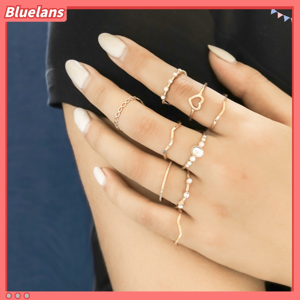 {In Stock} 9Pcs/Set Wanita Berongga Hati Bentuk Gelombang Mutiara Imitasi Jari Cincin Pesta Perhiasan Hadiah