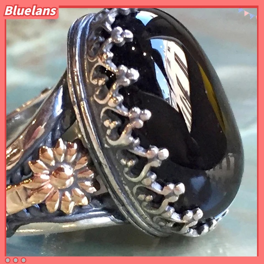 {In Stock} Cincin Unisex Lebar Gaya Batu Ukir Pola Bunga Cincin Permata Imitasi Aksesoris Perhiasan