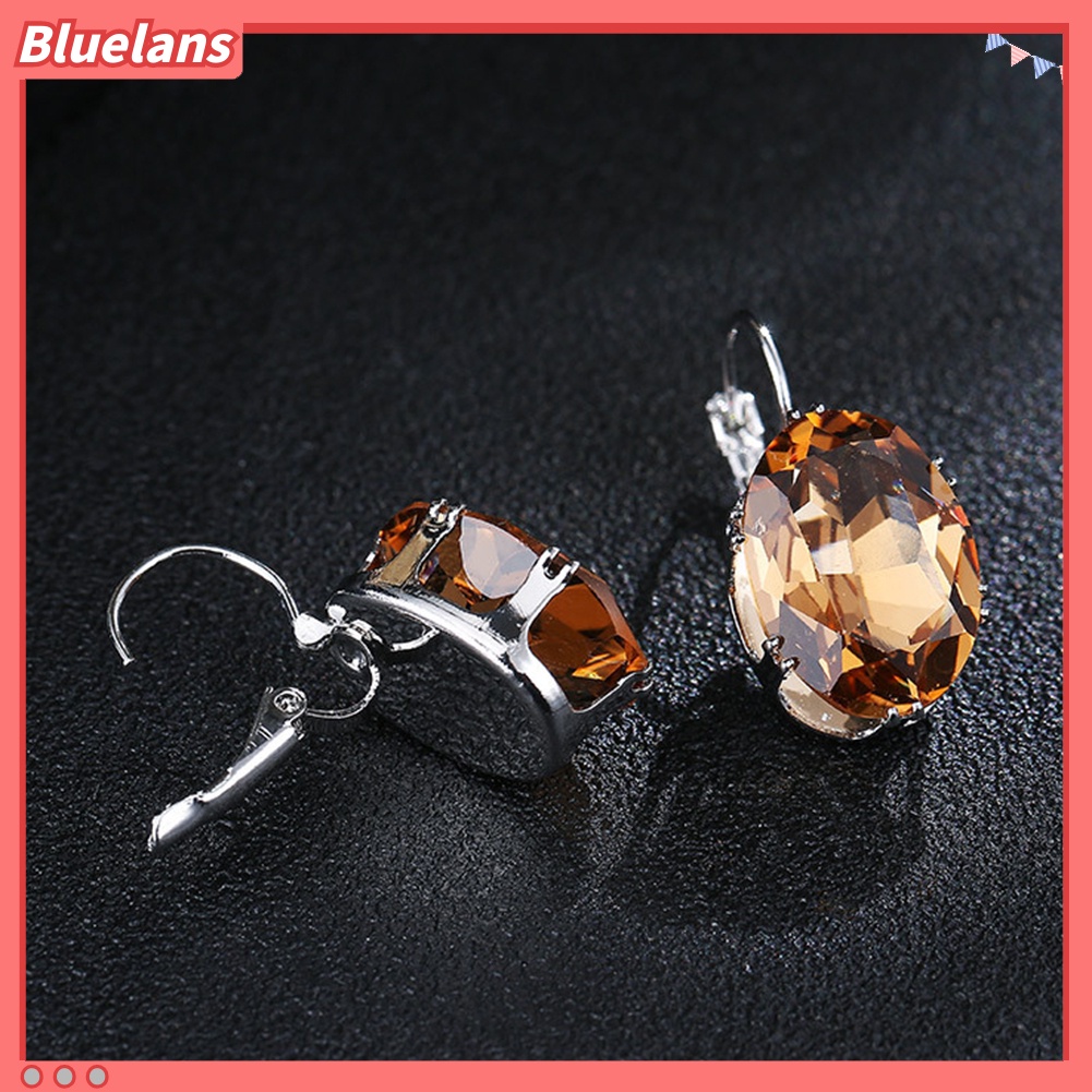 {In Stock} Elegan Wanita Oval Batu Permata Imitasi Hias Menjuntai Leverback Earrings Perhiasan Hadiah