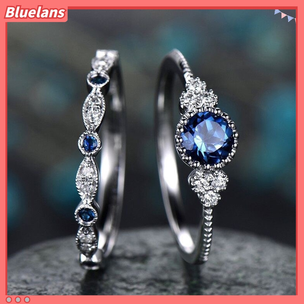 {In Stock} 2Pcs/Set Wanita Berlian Imitasi Potongan Bulat Cubic Zirconia Jari Cincin Perhiasan Pernikahan