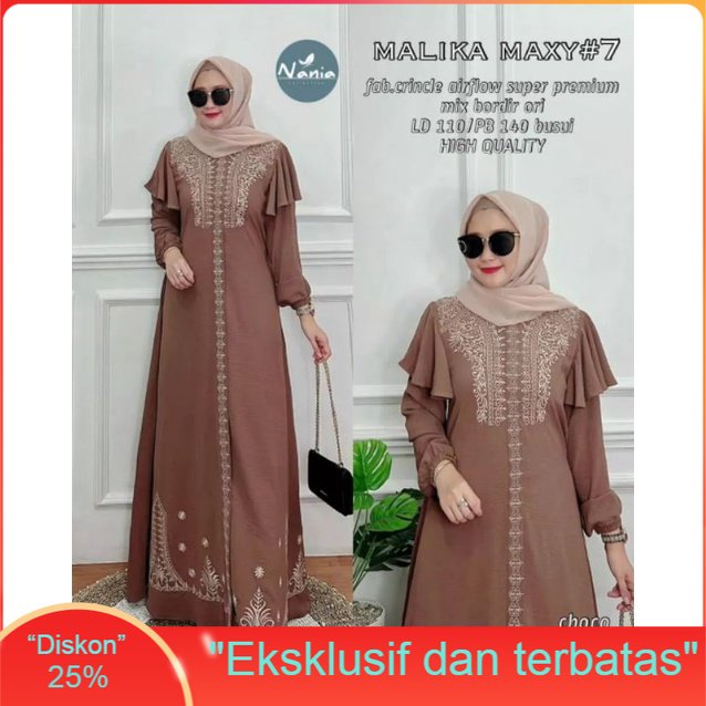 Promo Malika Dress Bordir Mewah Gamis Abaya Wanita Dewasa Bahan Crinckle Airflow Baju Dress Bordir P
