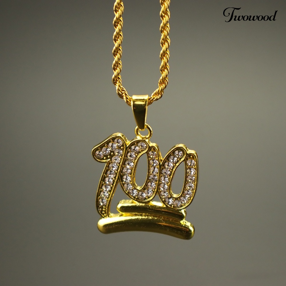 Twowood Pria Hip Hop Twist Rantai Berlian Imitasi Nomor100 Liontin Kalung Street Jewelry