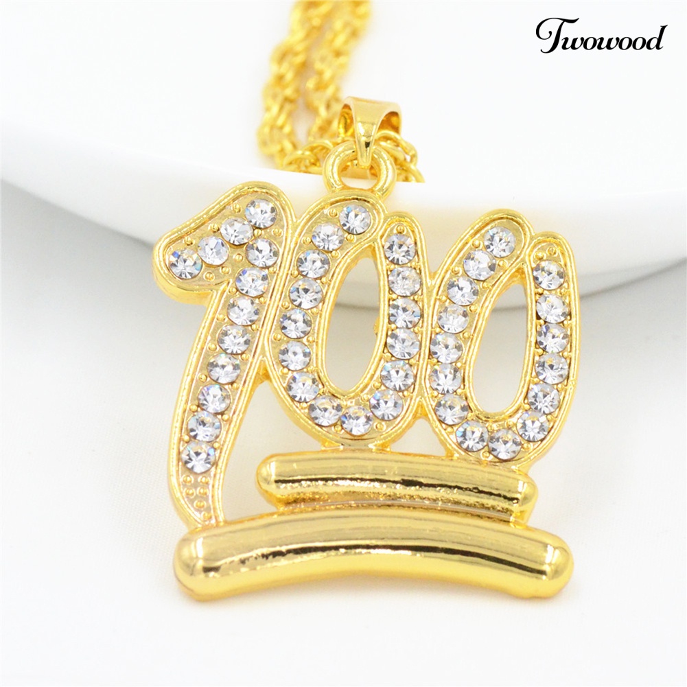 Twowood Pria Hip Hop Twist Rantai Berlian Imitasi Nomor100 Liontin Kalung Street Jewelry